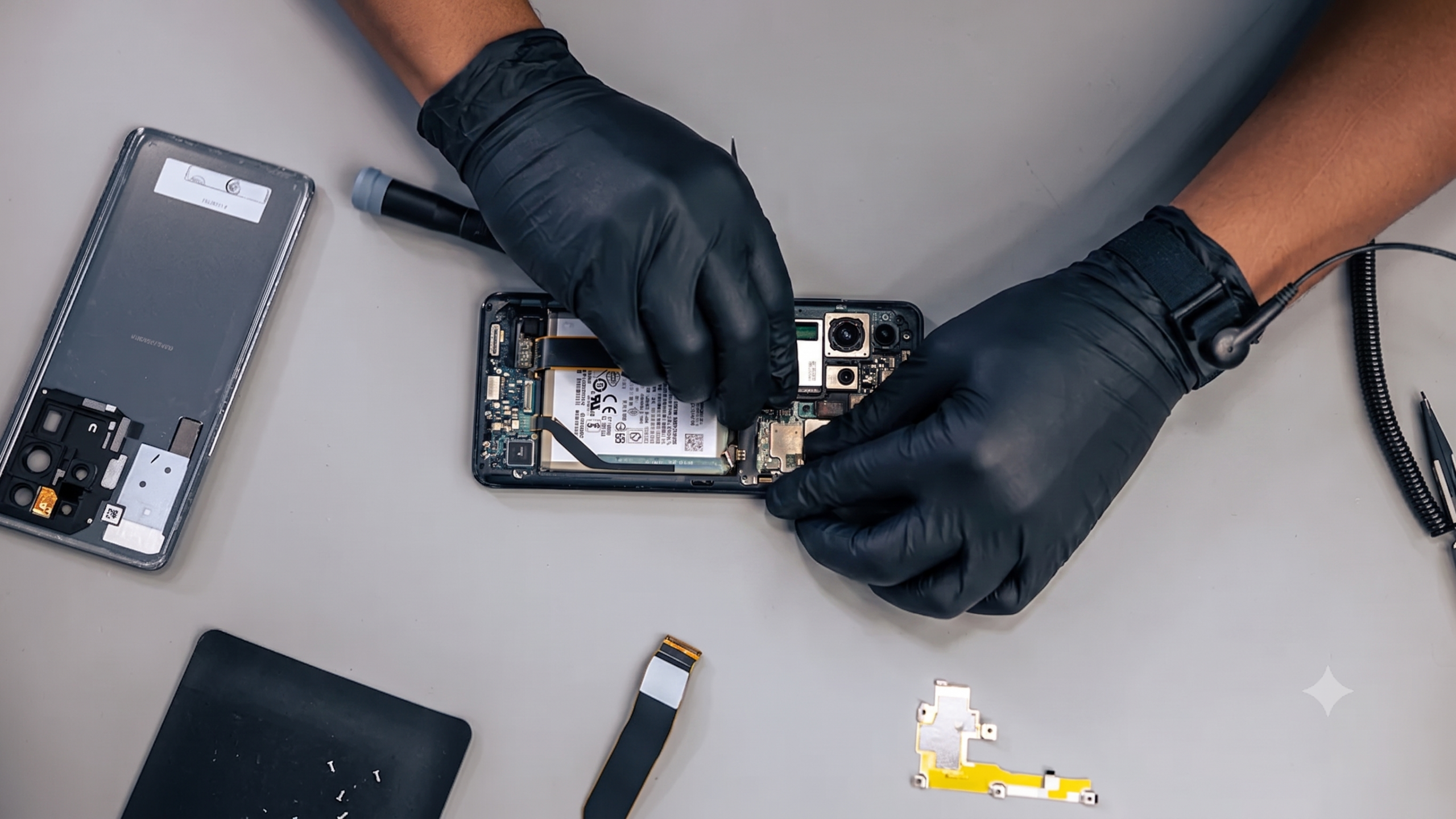Repaired Samsung Galaxy with a flawless new screen held in front of a San Antonio repair shop