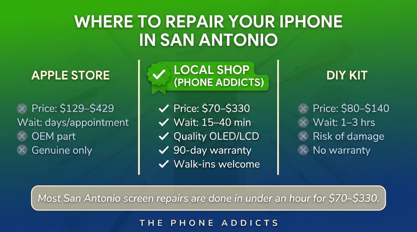 Comparison of Apple Store vs local repair shop vs DIY kit for iPhone screen repair in San Antonio