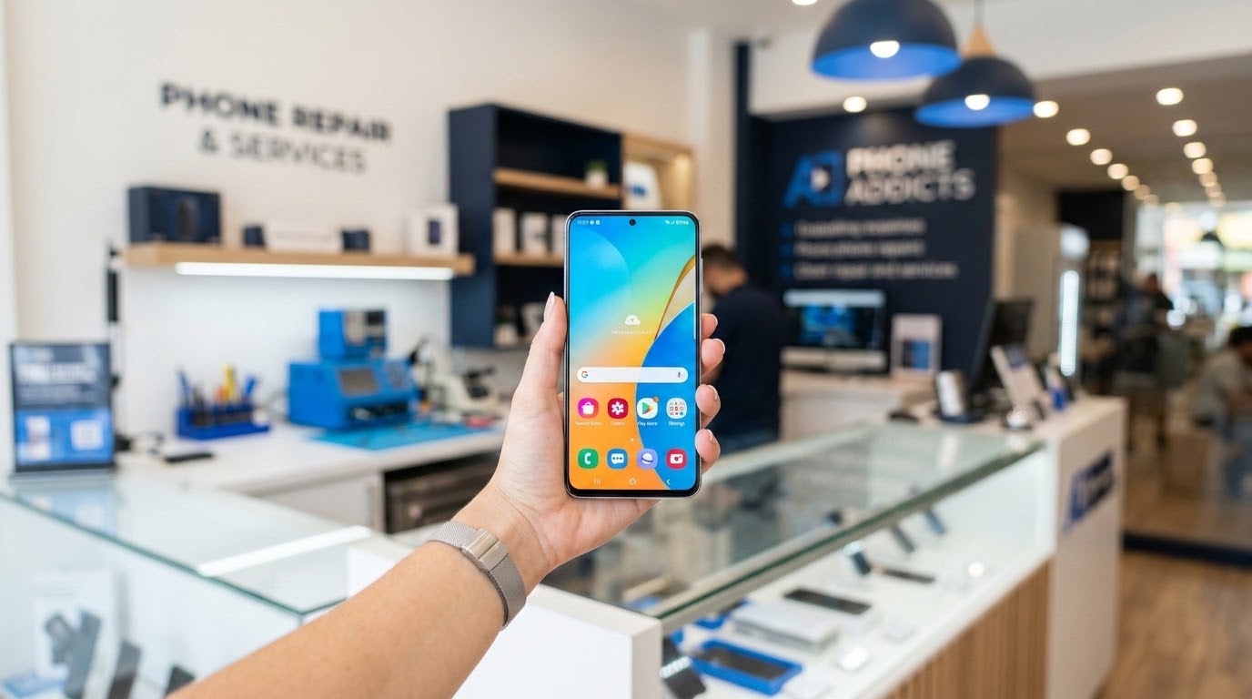 Samsung Galaxy phone mid-repair on a San Antonio shop workbench with a replacement screen and tools