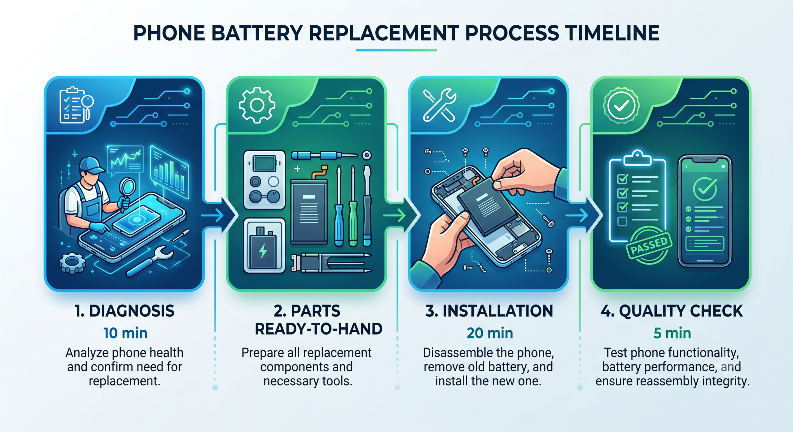 Phone battery replacement process timeline showing diagnosis, parts, installation, and quality check